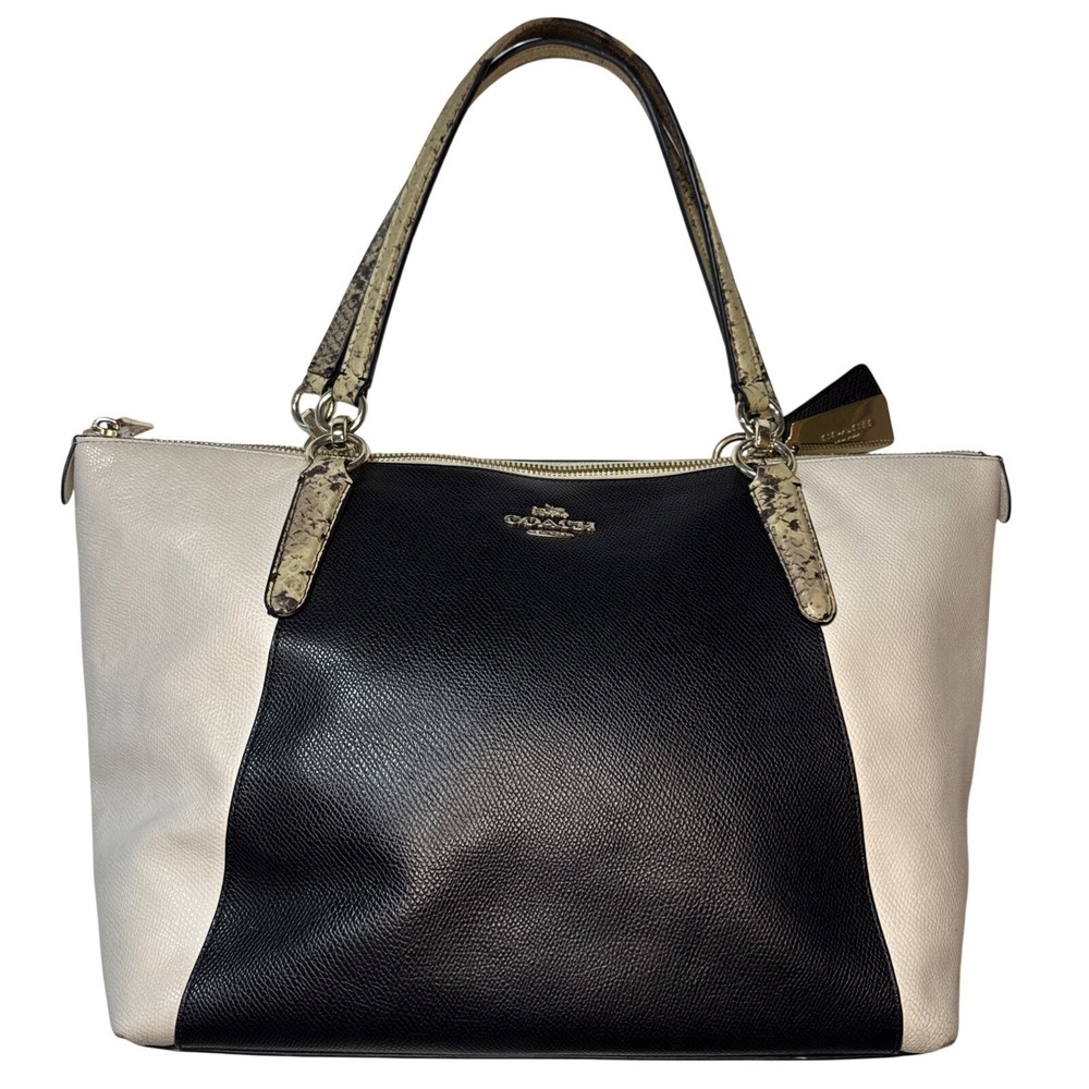 Coach Ava Tote Large Black & Cream Leather with Python Trim 16"x10"